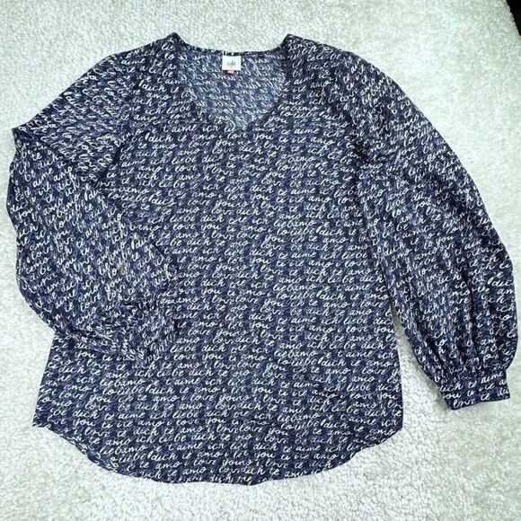 Cabi Te Amo Love Letters V Neck Blouse Navy Blue - Picture 2 of 10